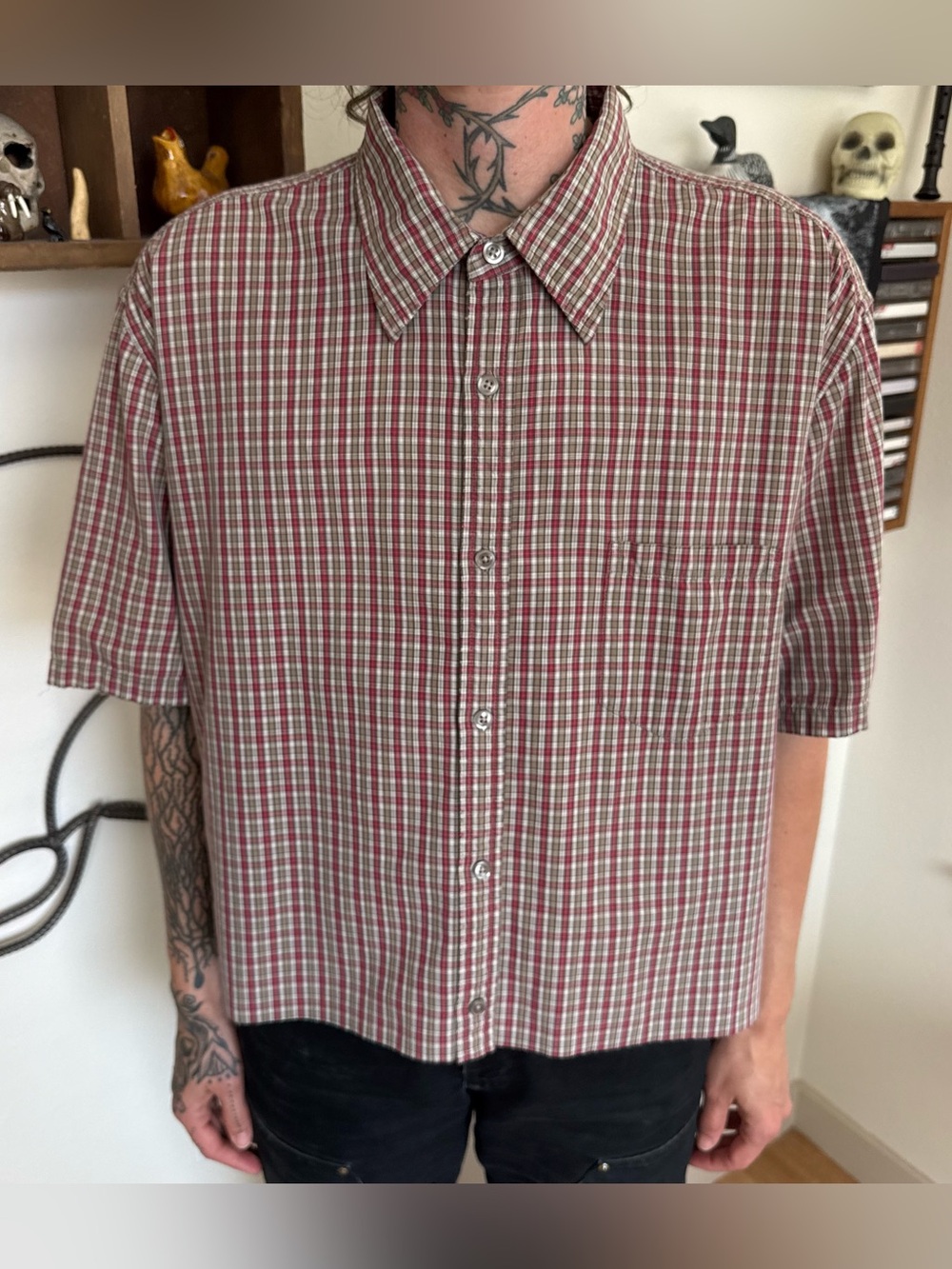 Vintage Y2K Cropped Gap Plaid SS Button Down Shirt Preppy Streetwear ~ Size XL